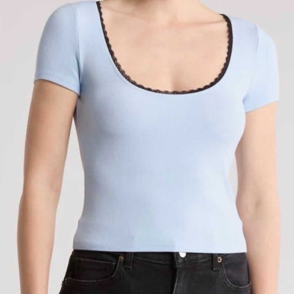 NWT - Elodie Sky Blue Short Sleeve Top with Black Lace Trim - Woman's Large